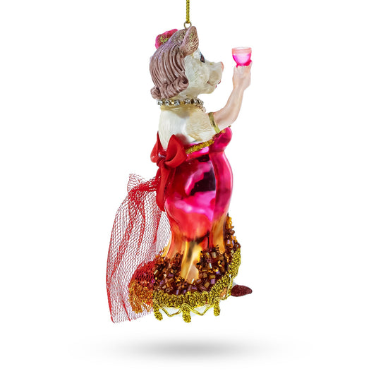 Pink-Dressed Cow with Wine Glass Christmas Ornament