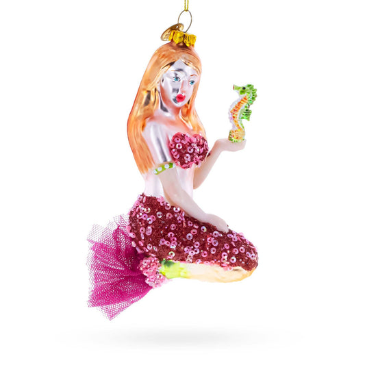 Mermaid with Seahorse Glass Christmas Ornament