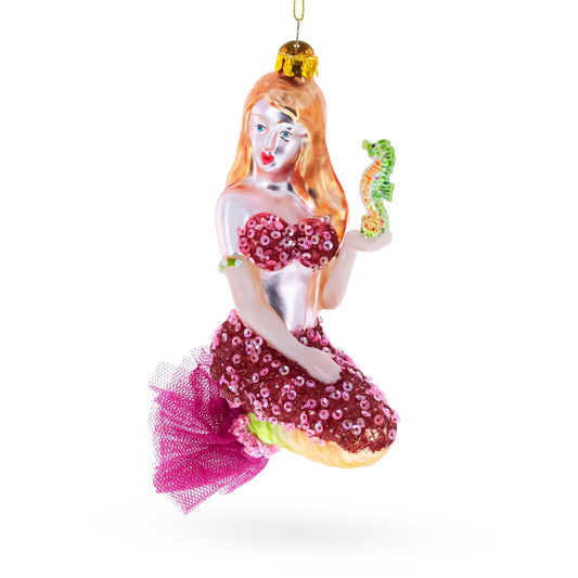 Mermaid with Seahorse Glass Christmas Ornament
