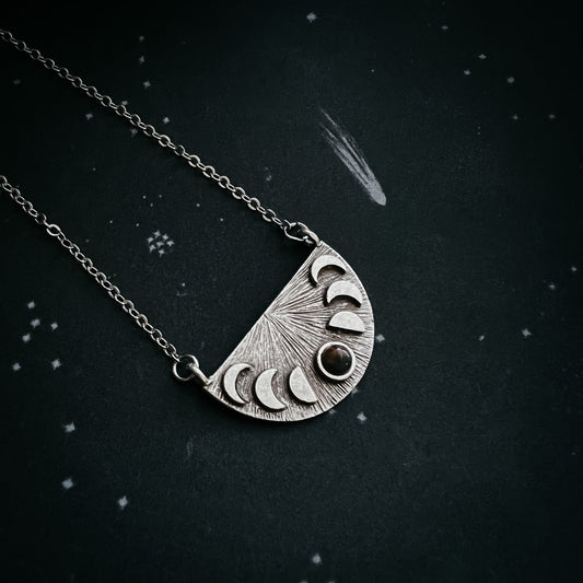 Lunar Eclipse Pendant Necklace – Half Moon Phases with Black Opal