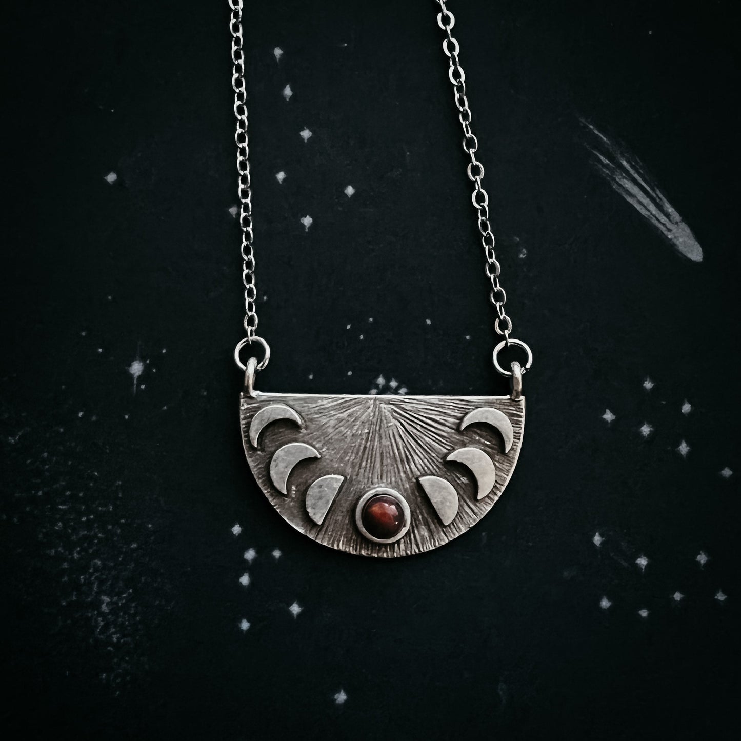 Lunar Eclipse Pendant Necklace – Half Moon Phases with Black Opal