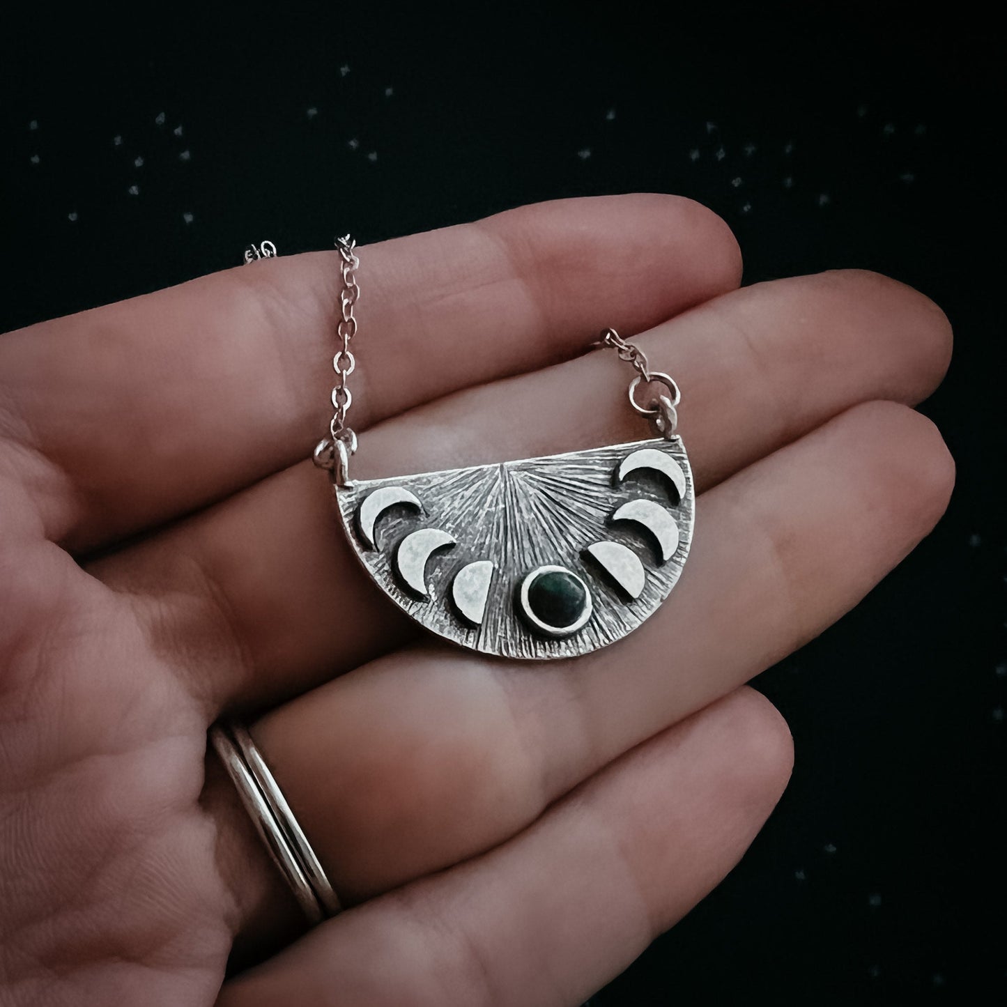 Lunar Eclipse Pendant Necklace – Half Moon Phases with Black Opal