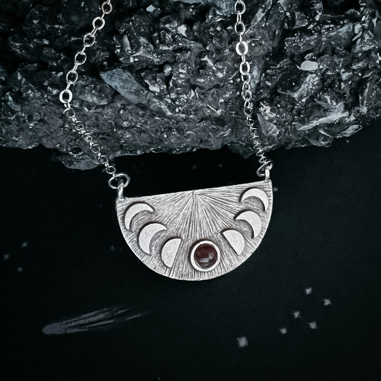 Lunar Eclipse Pendant Necklace – Half Moon Phases with Black Opal