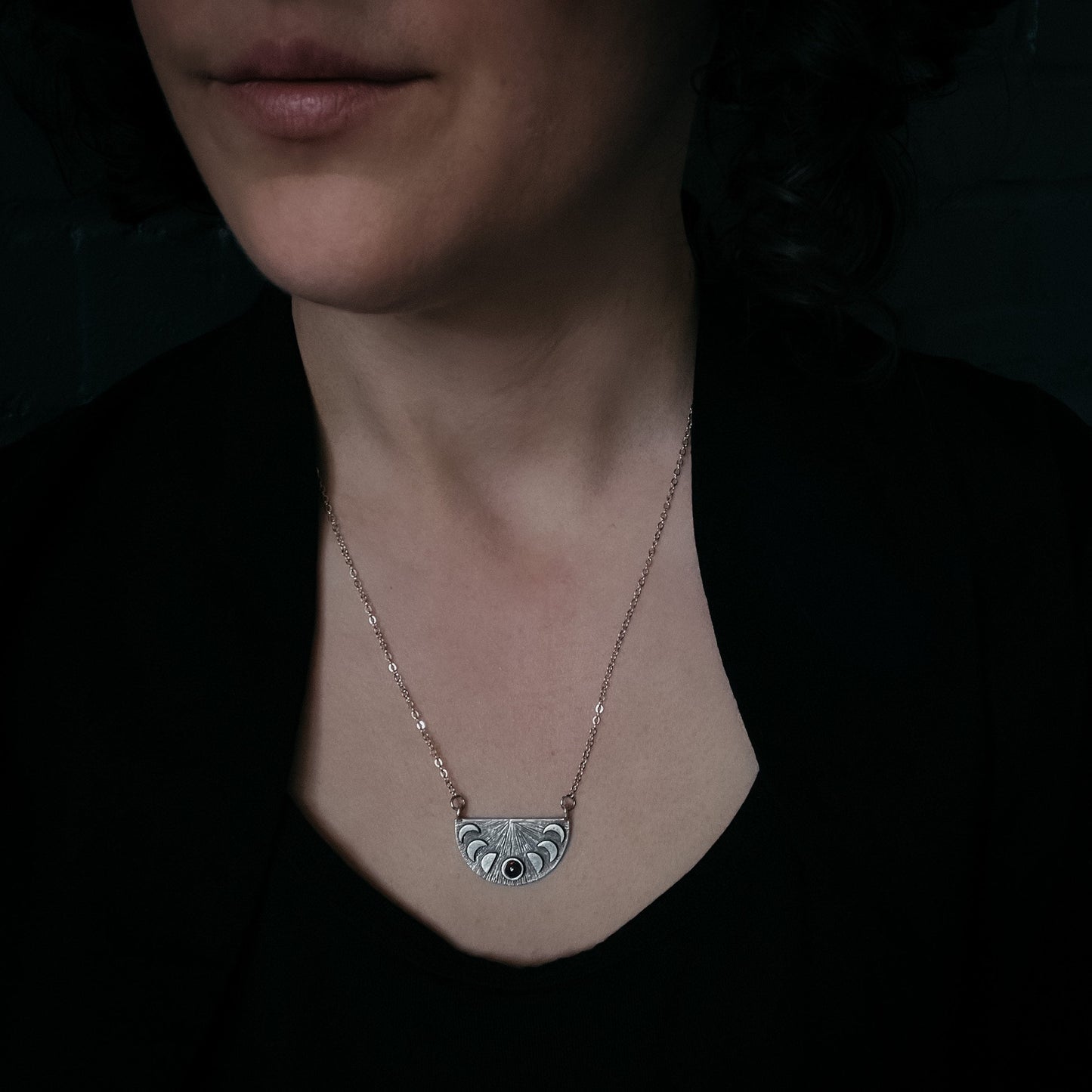 Lunar Eclipse Pendant Necklace – Half Moon Phases with Black Opal