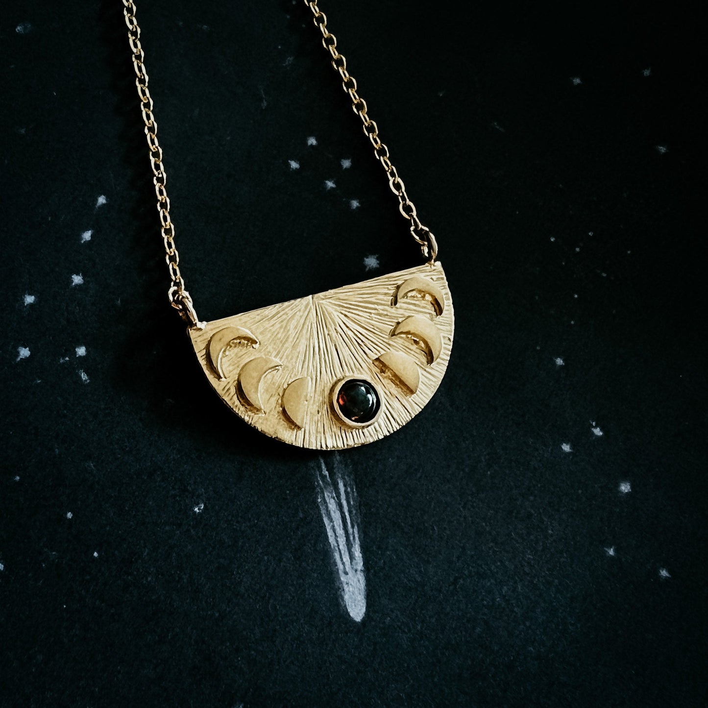 Lunar Eclipse Pendant Necklace – Half Moon Phases with Black Opal