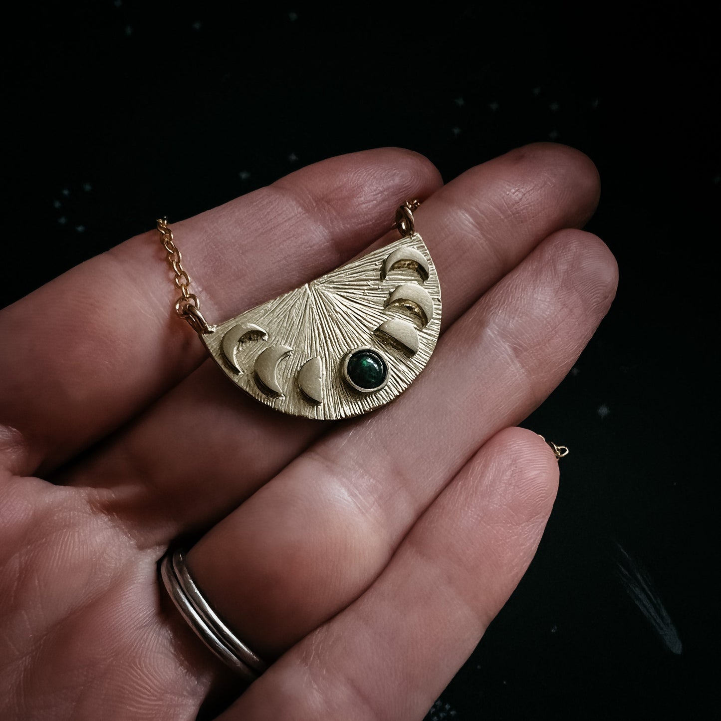 Lunar Eclipse Pendant Necklace – Half Moon Phases with Black Opal