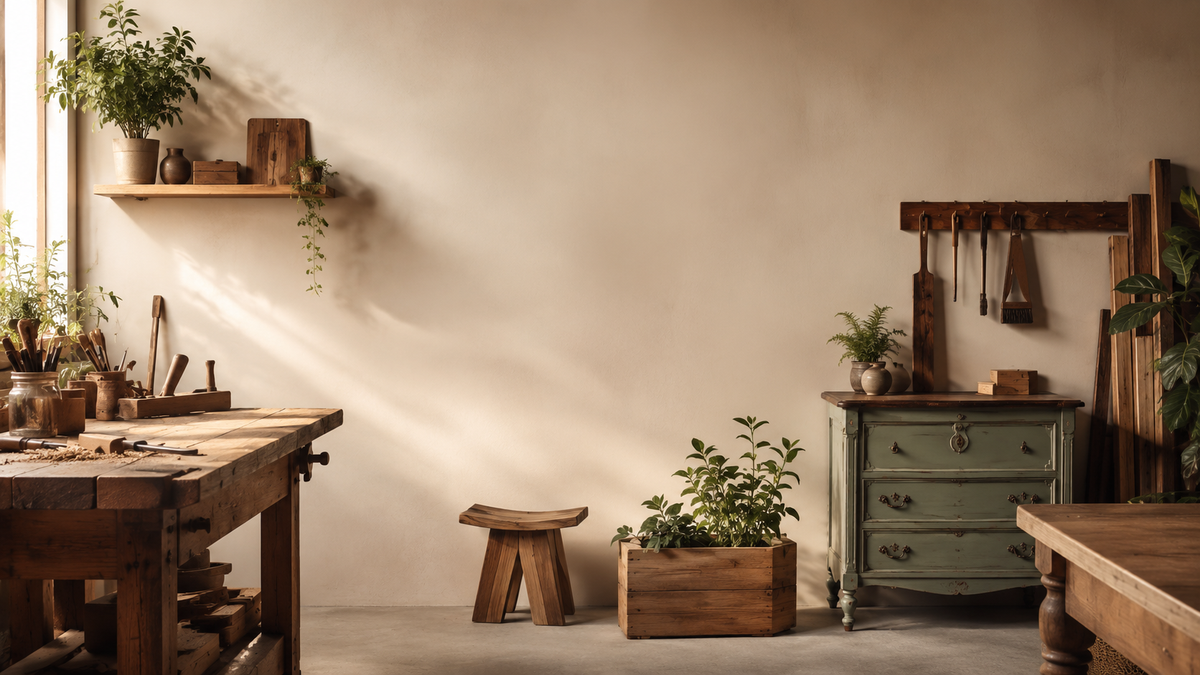 Nestled workshop with wooden furniture, plants, and tools against a neutral wall.
