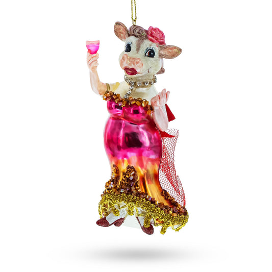 Pink-Dressed Cow with Wine Glass  Christmas Ornament