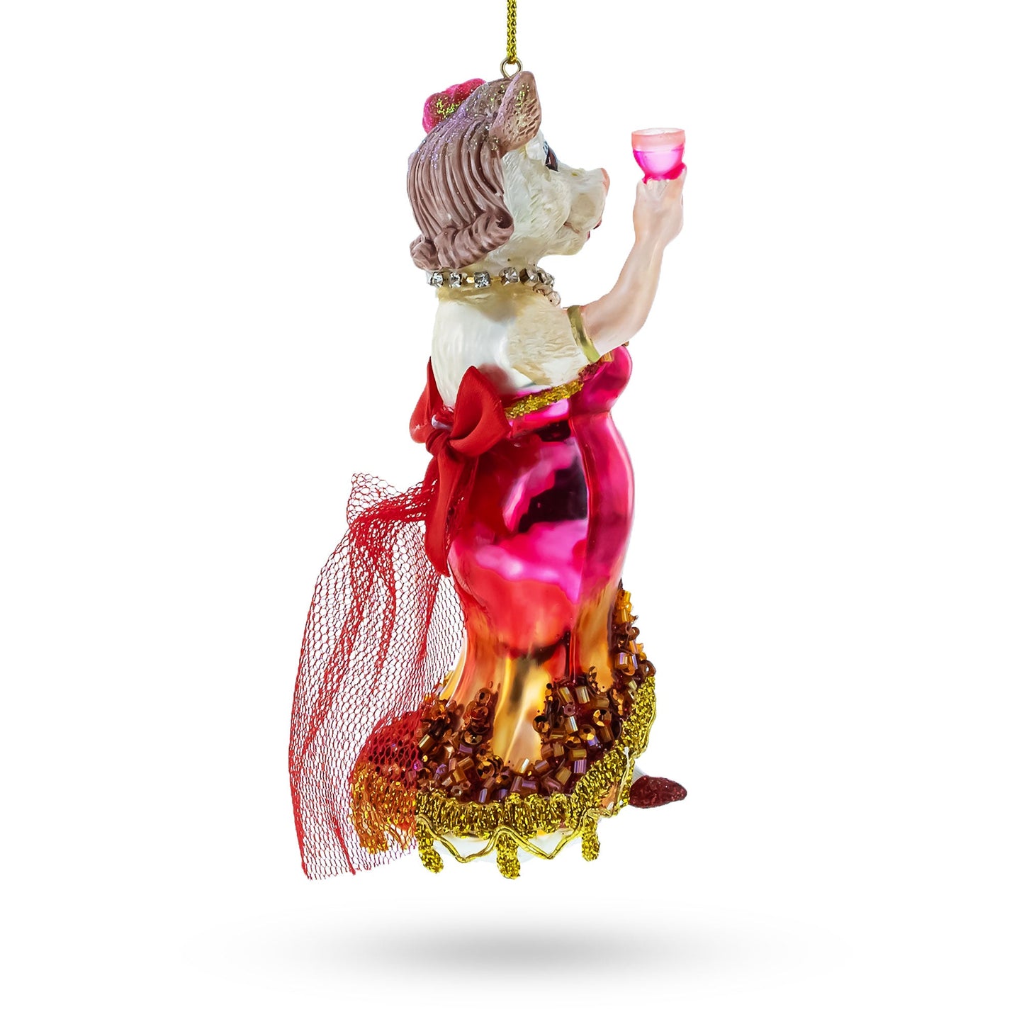 Pink-Dressed Cow with Wine Glass  Christmas Ornament