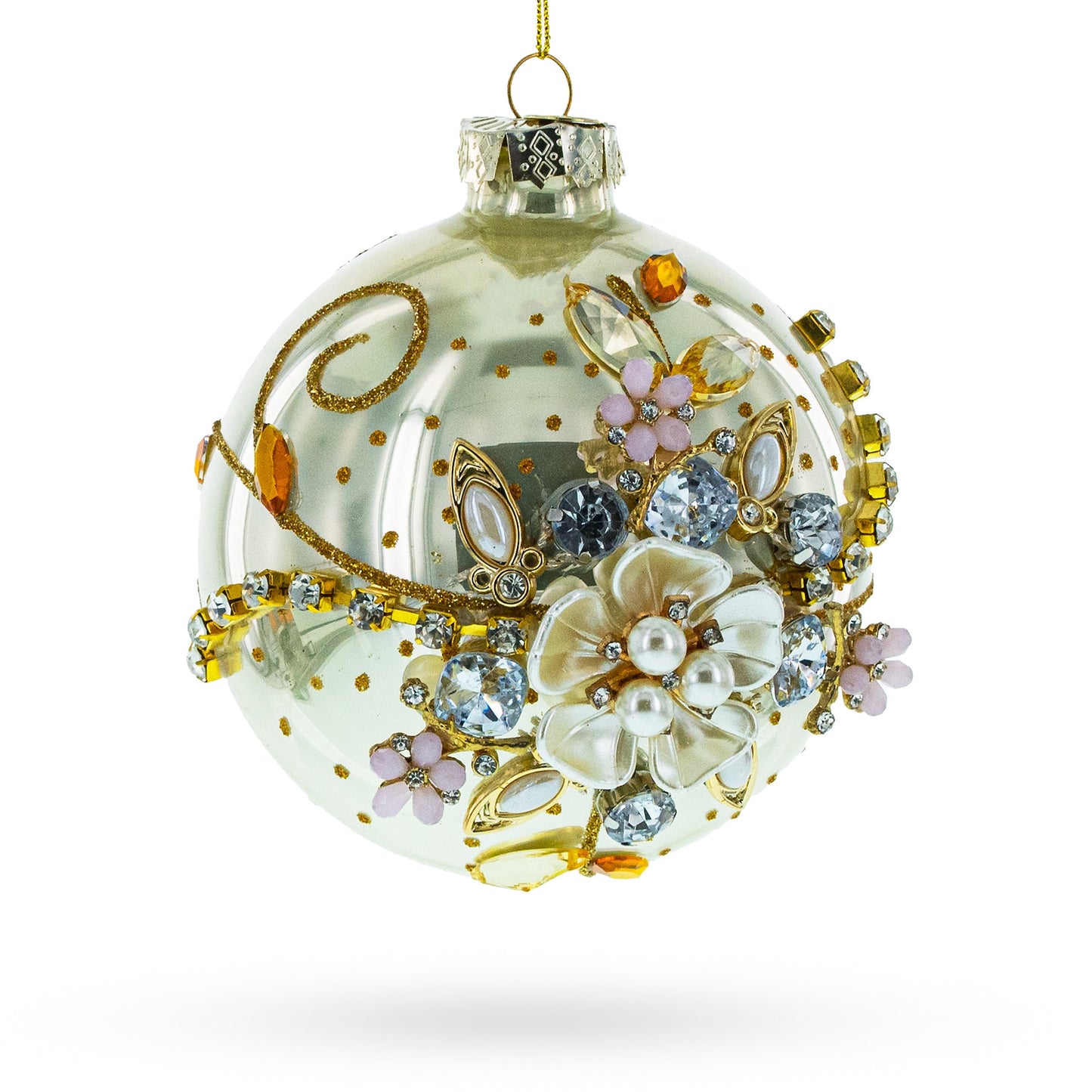 Exquisite Jeweled Flowers Adorning Glass Ball Christmas Ornament